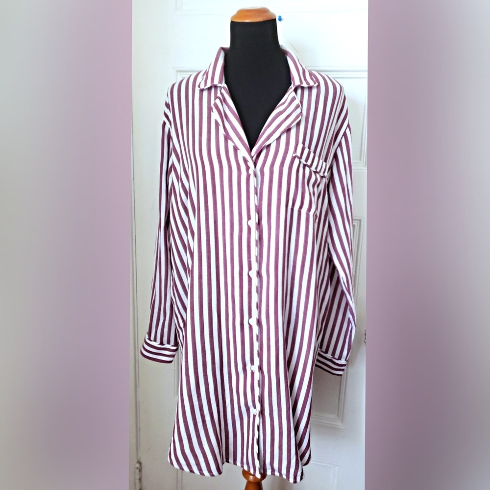 Rails White & Raspberry Stripe Button Sleep Shirt
